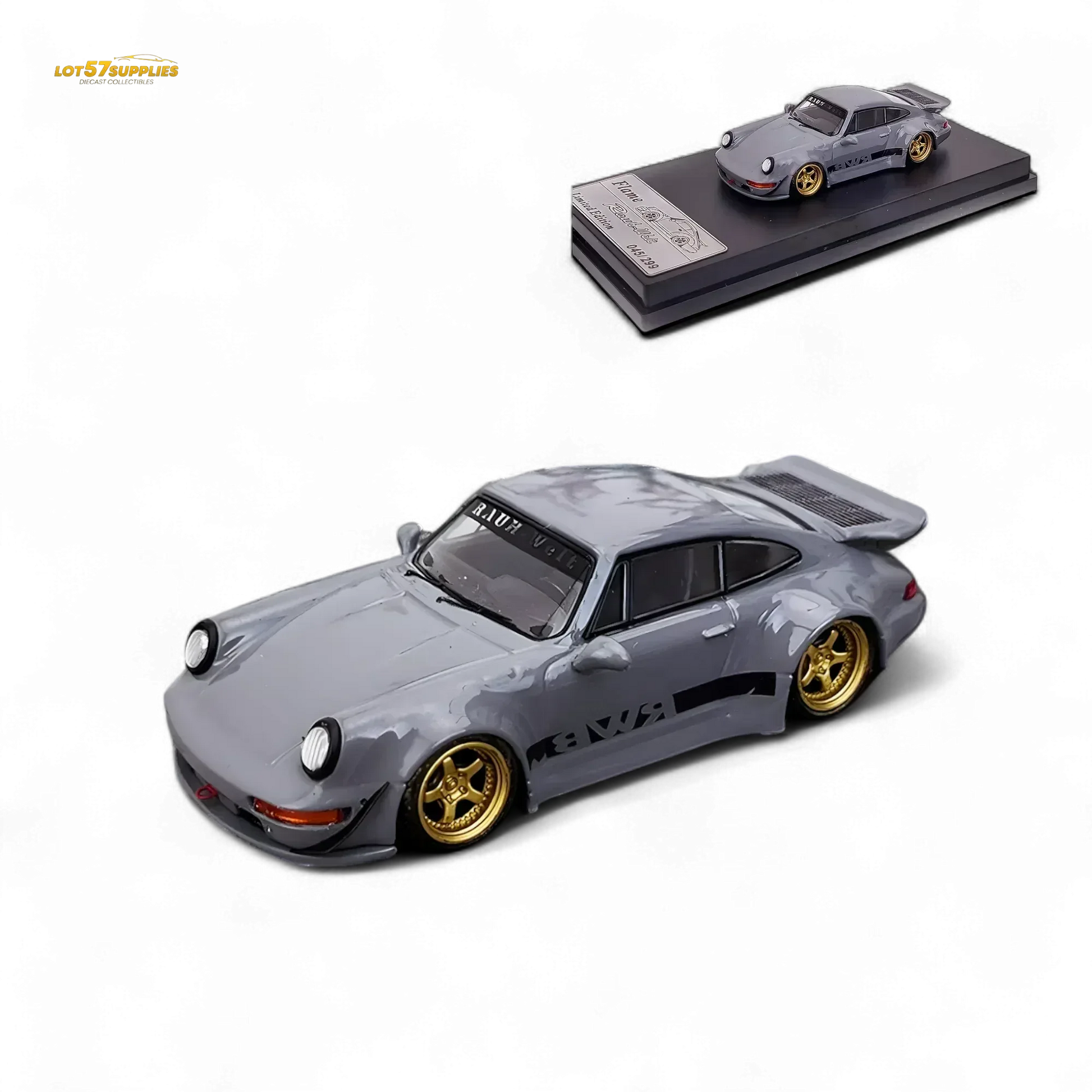 Flame Porsche 964 RWB Whale Tale in Cement Gray 1:64 - ToylandEU