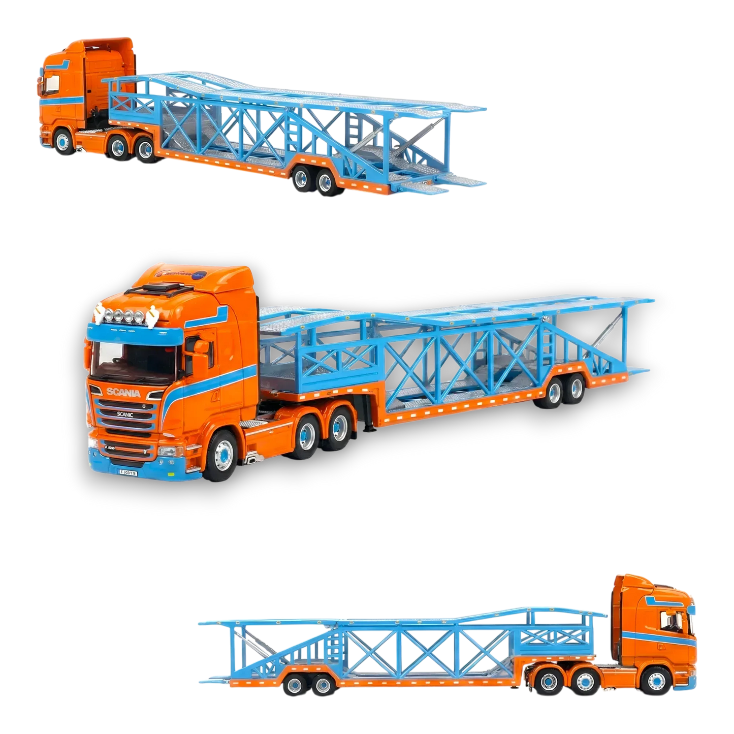 Flame Scania Car Carrier Blue & Orange 1:64 - ToylandEU