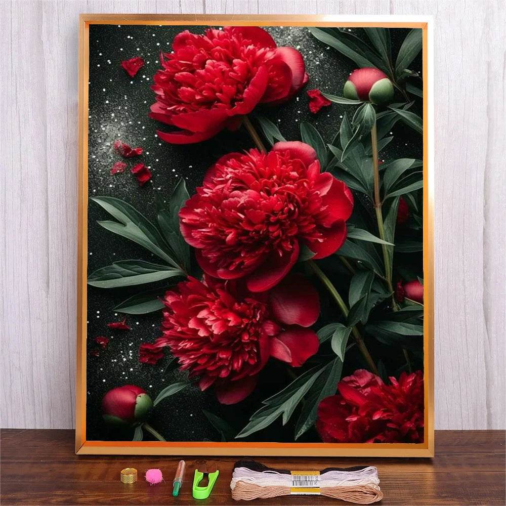 Floral Red Peony Counted Cross Stitch Kit for DIY Home Décor and Handicraft Embroidery - ToylandEU