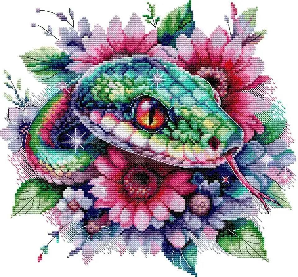  Flower Snake Embroidery Kit with Printed Aida Fabric - DIY Home Decor Craft Set -  ToylandEU™