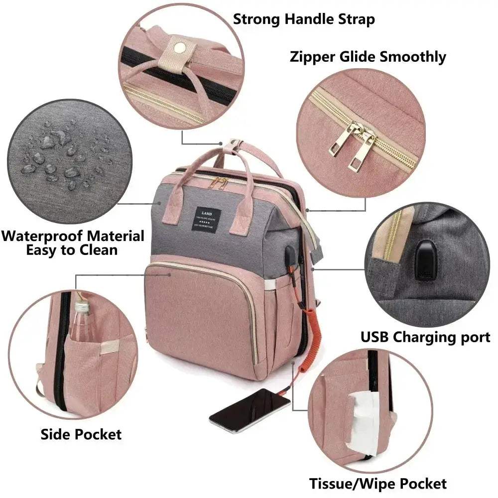 Foldable Diaper Bag Mommy Backpack With Crib Bed Large Capacity - ToylandEU