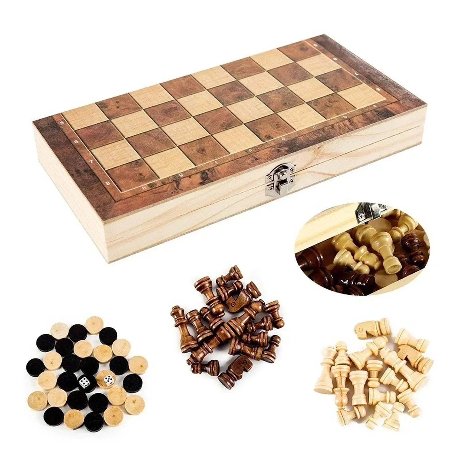 Foldable Wooden Chess Board Portable 3 In 1 Gift Set - ToylandEU