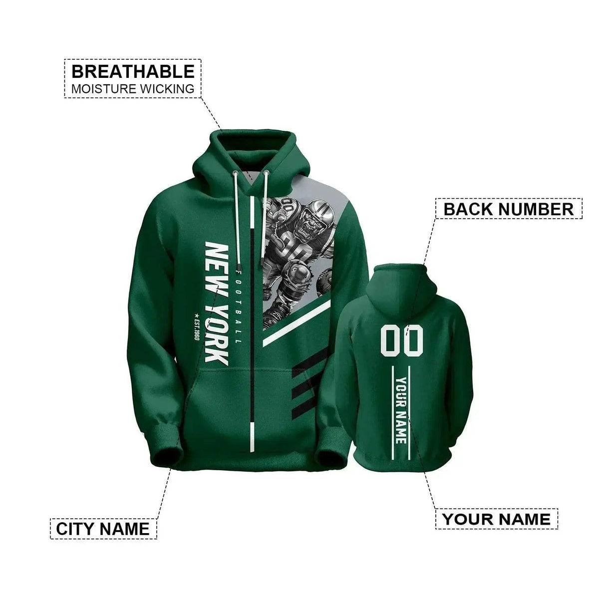  Personalized 3D Printed New York Football Hoodies - Custom Name & Number Sweatshirts for Men, Women, and Youth Fans -  ToylandEU™