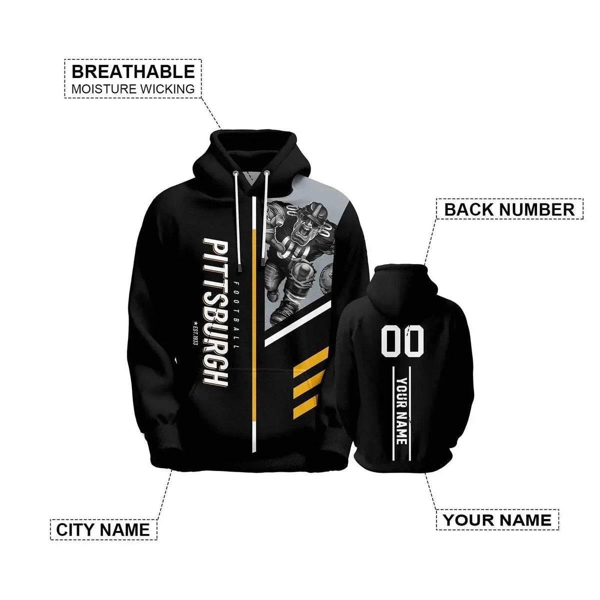  Personalized Pittsburgh City 3D Printed American Football Hoodie for Men, Women, and Youth - Custom Name and Number Sweatshirt Gift -  ToylandEU™