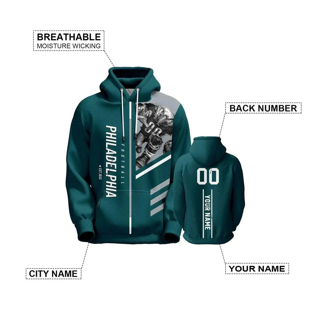  Personalized Philadelphia Football Hoodie for All Ages - 3D Printed City Mascot Sweatshirt with Custom Name & Number (S-5XL) -  ToylandEU™