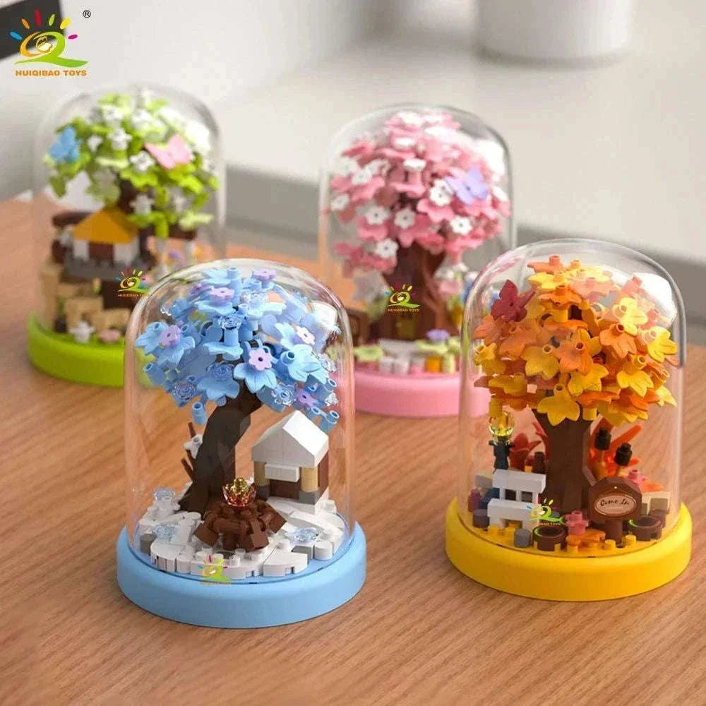 Four Seasons Mini Tree House with Display Box Model Mini Figurines Building Block Puzzles