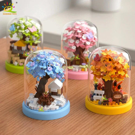 Four Seasons Mini Tree House with Display Box Model Mini Figurines Building Block Puzzles