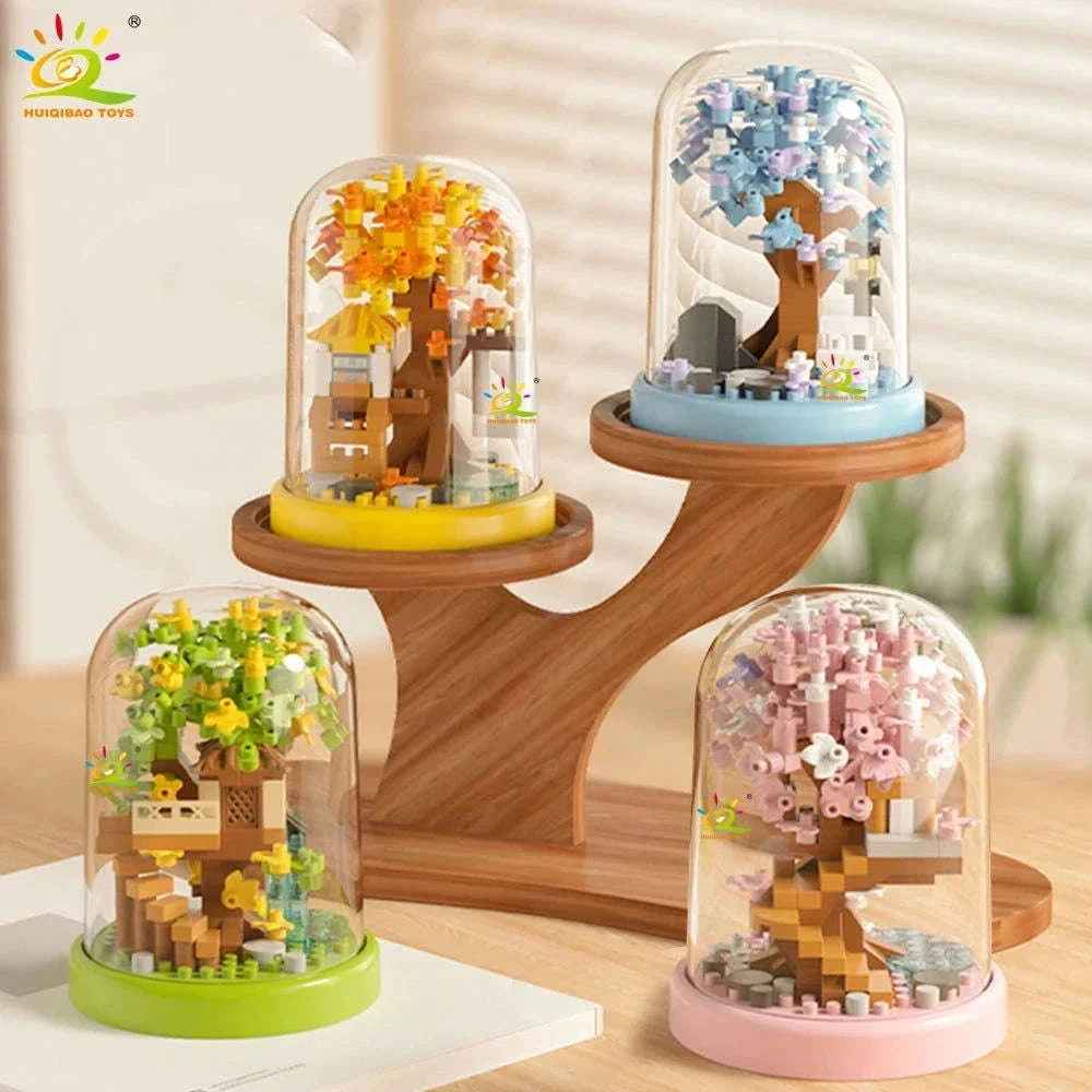Four Seasons Mini Tree House with Display Box Model Mini Figurines Building Block Puzzles