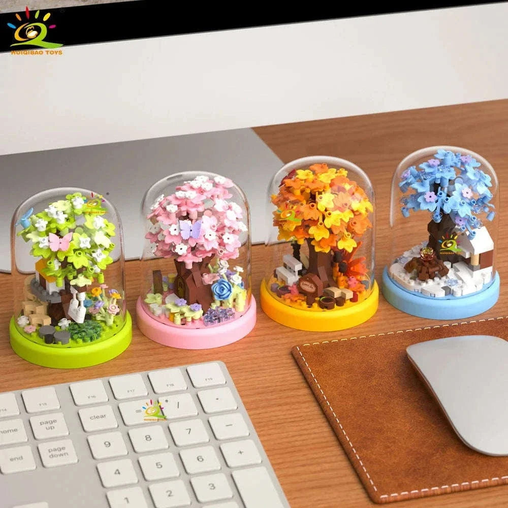 Four Seasons Mini Tree House with Display Box Model Mini Figurines Building Block Puzzles