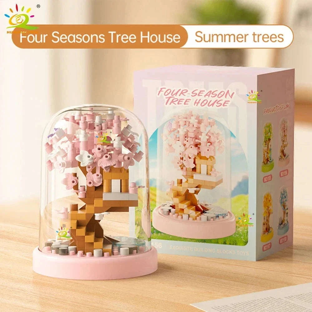 Four Seasons Mini Tree House with Display Box Model Mini Figurines Building Block Puzzles