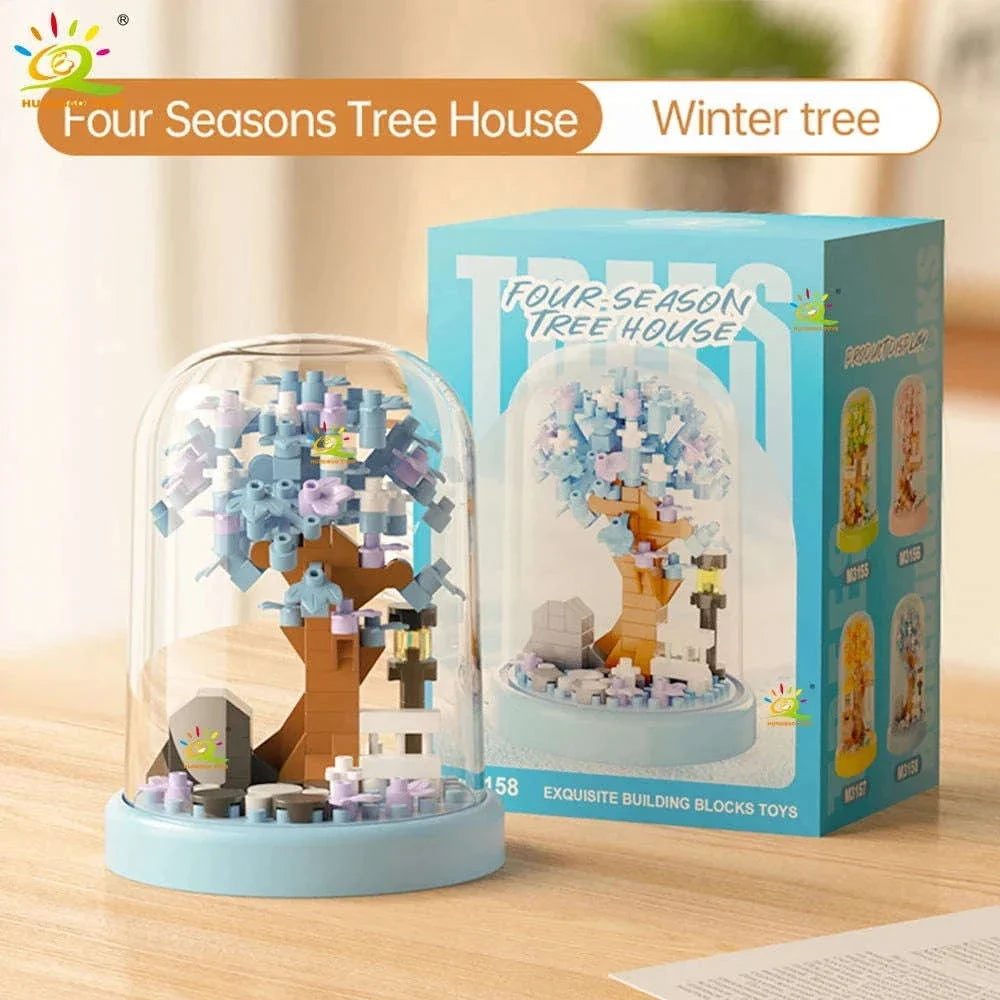 Four Seasons Mini Tree House with Display Box Model Mini Figurines Building Block Puzzles