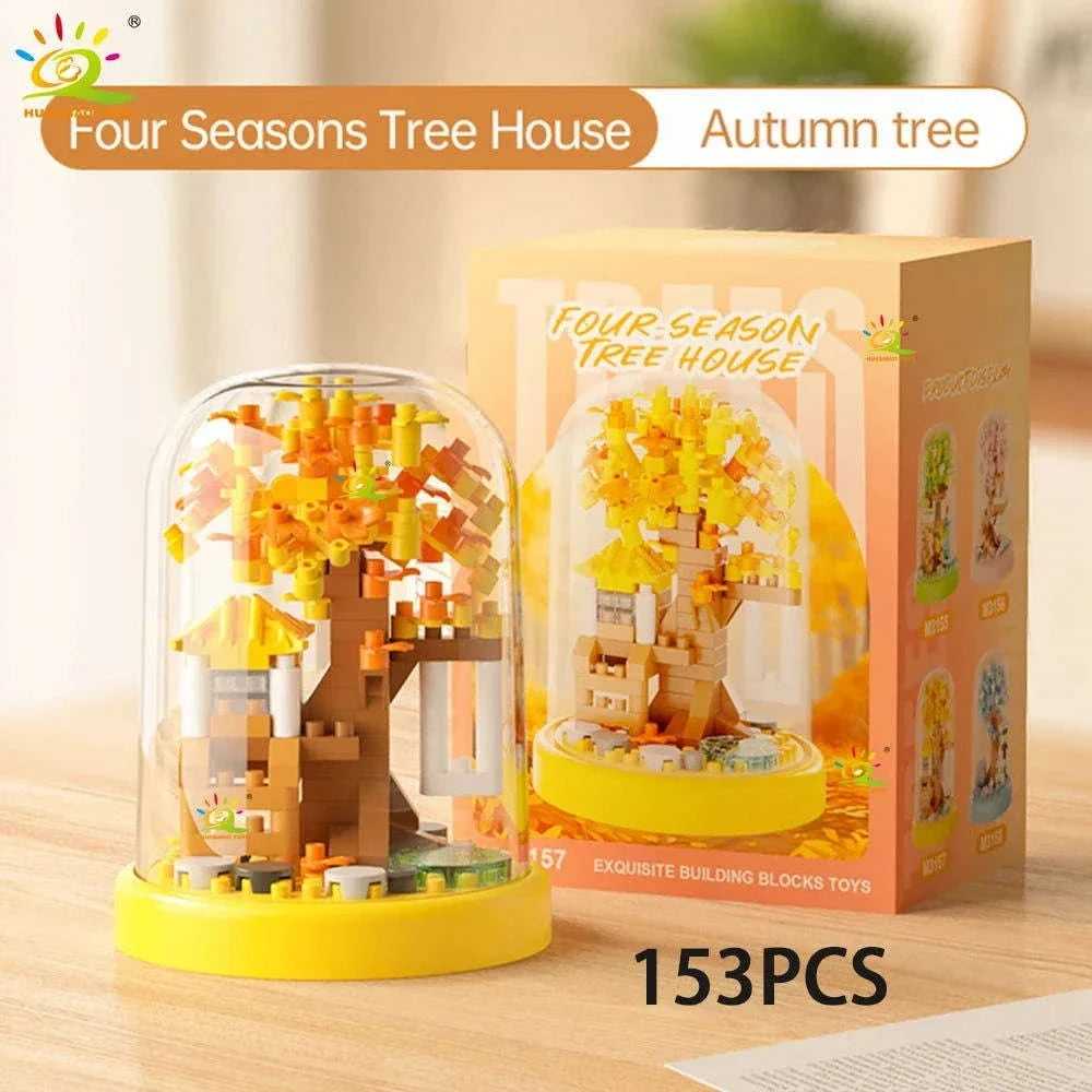 Four Seasons Mini Tree House with Display Box Model Mini Figurines Building Block Puzzles