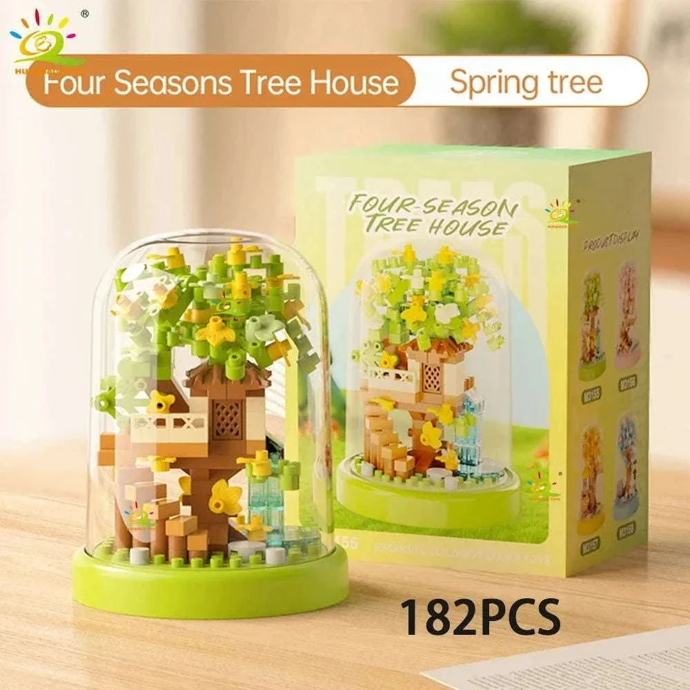 Four Seasons Mini Tree House with Display Box Model Mini Figurines Building Block Puzzles