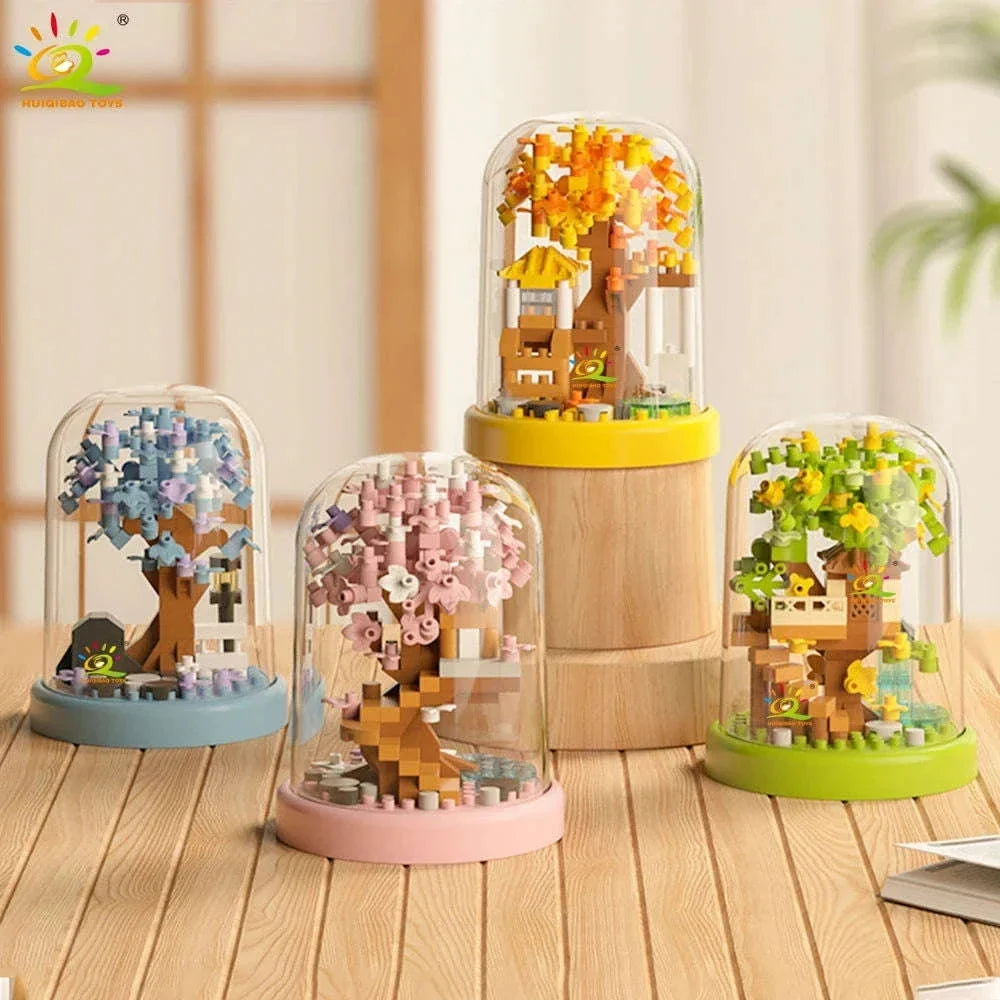 Four Seasons Mini Tree House with Display Box Model Mini Figurines Building Block Puzzles