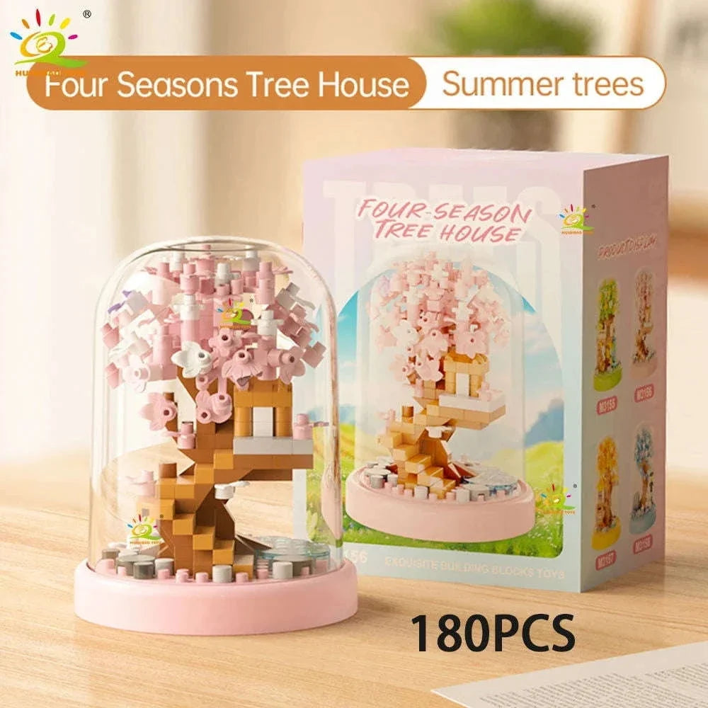 Four Seasons Mini Tree House with Display Box Model Mini Figurines Building Block Puzzles