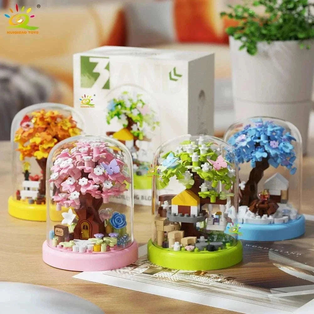 Four Seasons Mini Tree House with Display Box Model Mini Figurines Building Block Puzzles