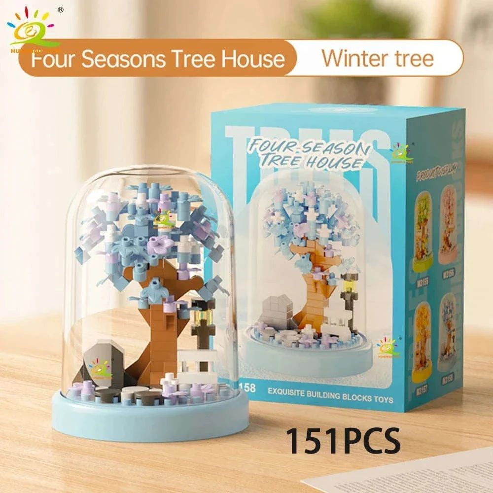 Four Seasons Mini Tree House with Display Box Model Mini Figurines Building Block Puzzles