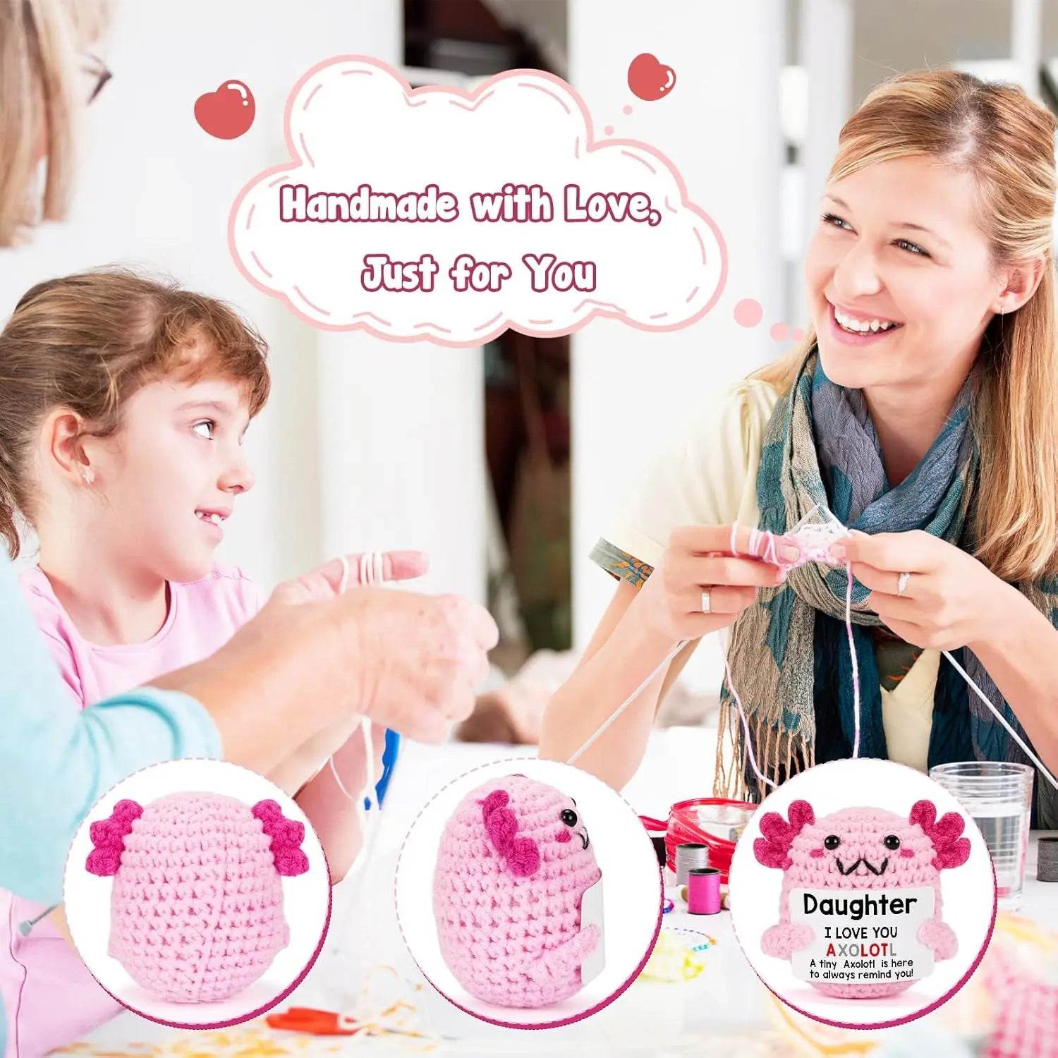 Funny Crochet Positive Energy Axolotl Doll With Card Handmade Knitted Desktop Ornament Gift - ToylandEU