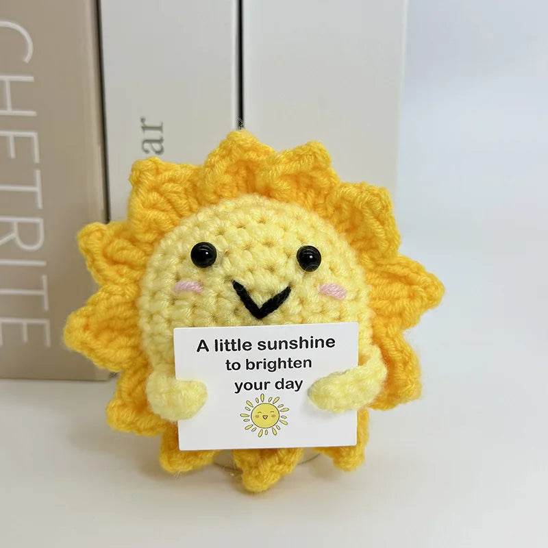 Funny Positive Crochet Sunshine Doll Desktop Ornament Handmade Cheer Emotional Support Sun with Card Home Party Decor - ToylandEU