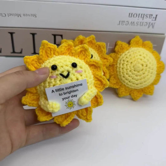 Funny Positive Crochet Sunshine Doll Desktop Ornament Handmade Cheer Emotional Support Sun with Card Home Party Decor - ToylandEU