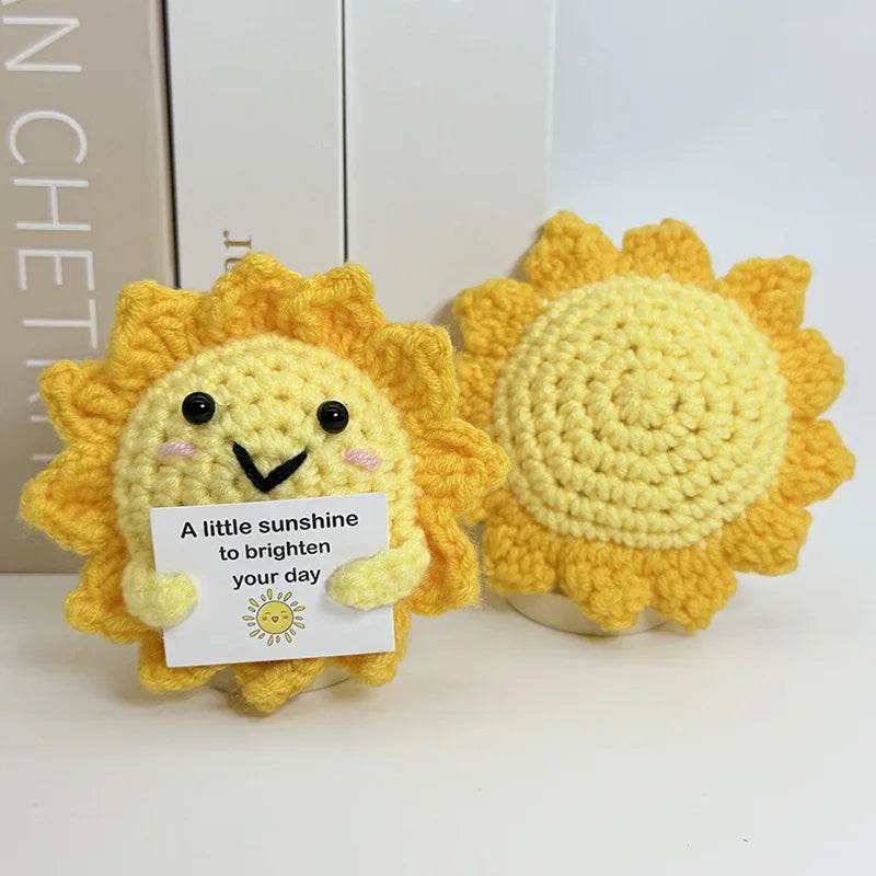 Funny Positive Crochet Sunshine Doll Desktop Ornament Handmade Cheer Emotional Support Sun with Card Home Party Decor - ToylandEU