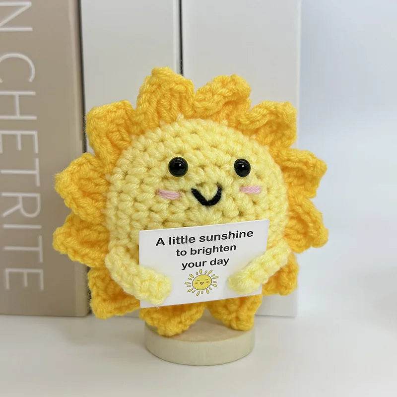 Funny Positive Crochet Sunshine Doll Desktop Ornament Handmade Cheer Emotional Support Sun with Card Home Party Decor - ToylandEU