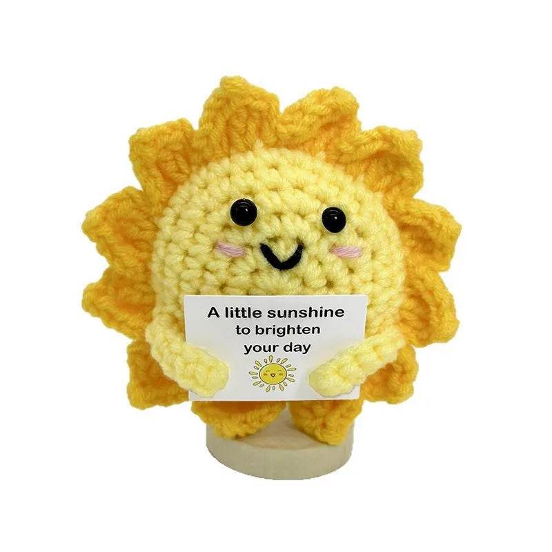 Funny Positive Crochet Sunshine Doll Desktop Ornament Handmade Cheer Emotional Support Sun with Card Home Party Decor - ToylandEU
