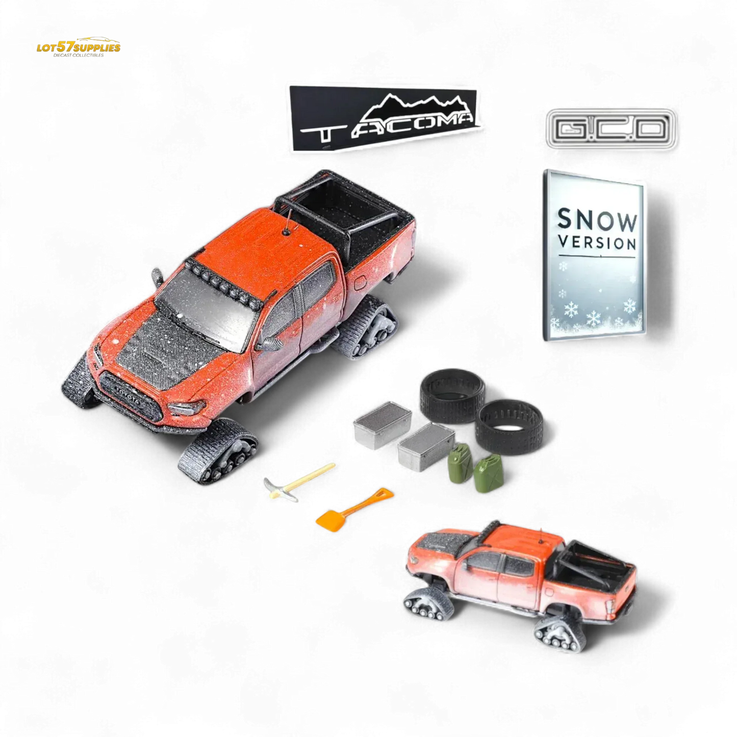 GCD Toyota TACOMA SNOW VERSION in Orange Red - Snow Effect & 3PMSF Tires 1:64 - ToylandEU