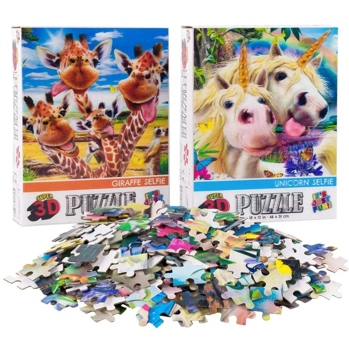 Giraffe & Unicorn Selfie Set of 2 300 Piece Lenticular Jigsaw Puzzles Prime 3D - ToylandEU