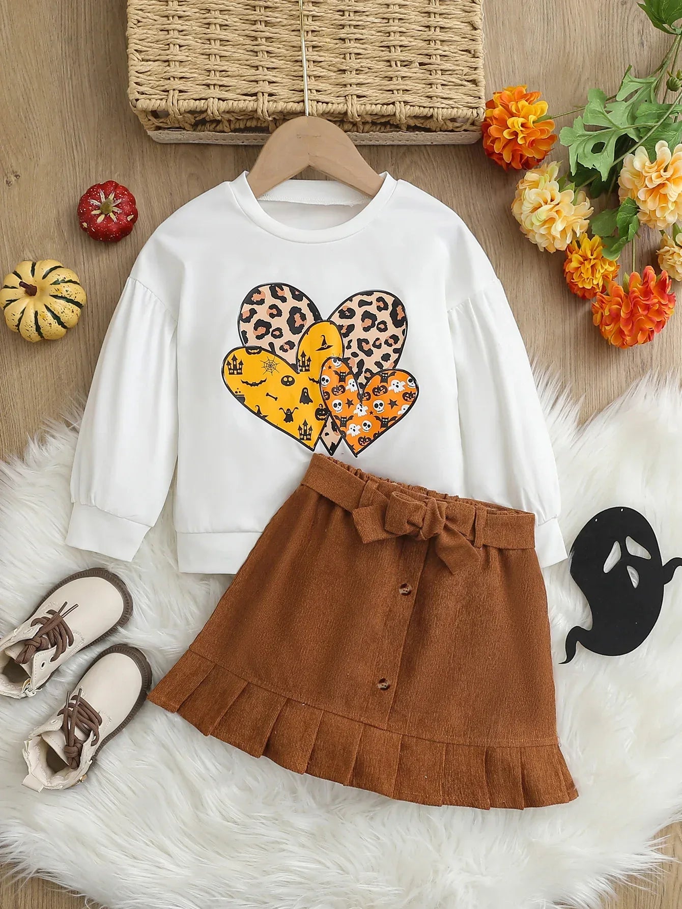 Girls Halloween Knit Heart Print Shirt And Corduroy Skirt With Belt Set 4-6Y - ToylandEU