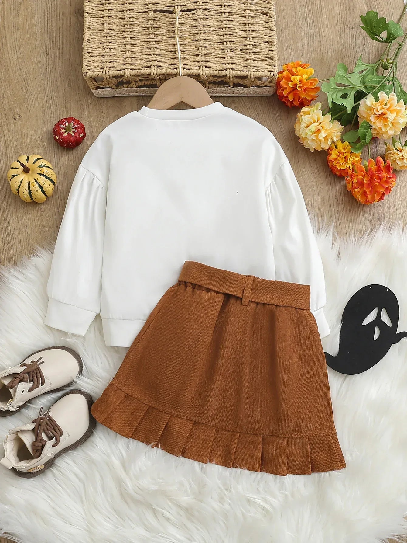 Girls Halloween Knit Heart Print Shirt And Corduroy Skirt With Belt Set 4-6Y - ToylandEU