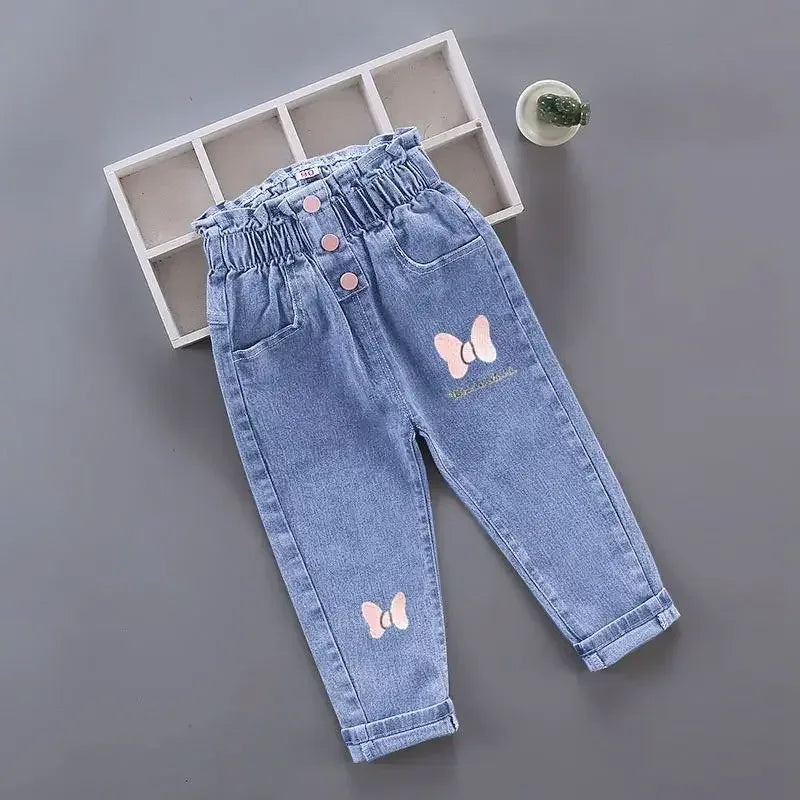 Girls Jeans For Kids With Pink Bow Elastic Waist Denim - ToylandEU