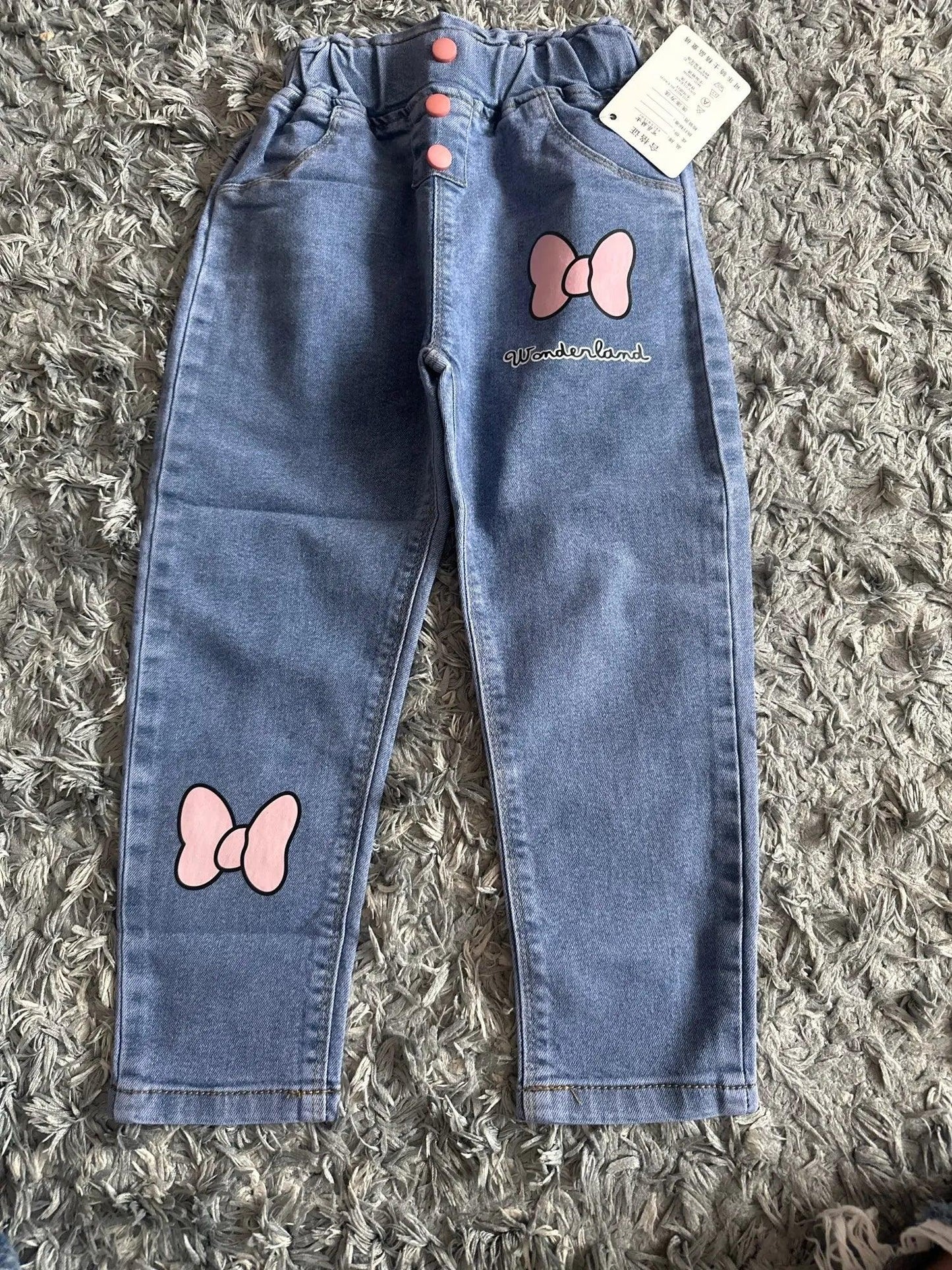 Girls Jeans For Kids With Pink Bow Elastic Waist Denim - ToylandEU
