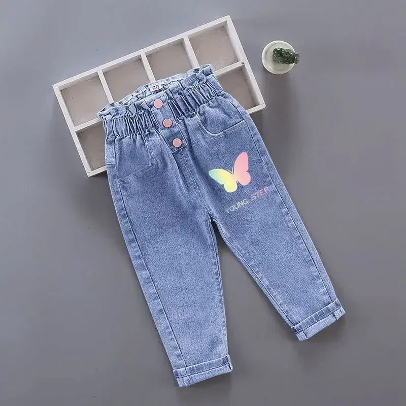 Girls Jeans For Kids With Pink Bow Elastic Waist Denim - ToylandEU