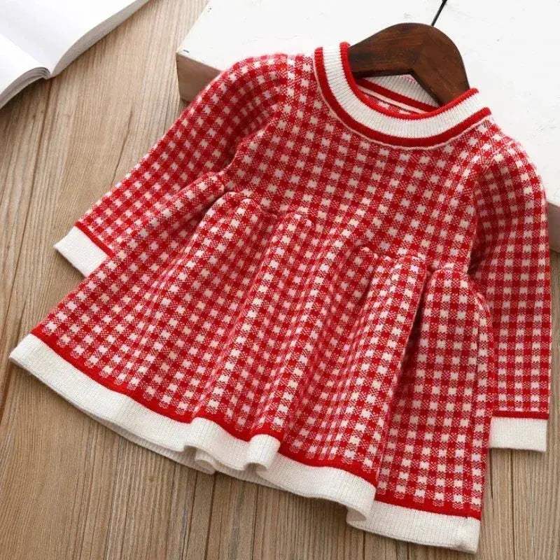 Girls Woolen Checkered Dress With Color Block Warmth - ToylandEU