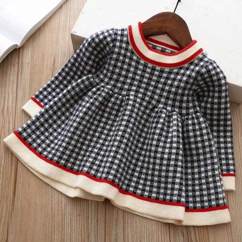 Girls Woolen Checkered Dress With Color Block Warmth - ToylandEU