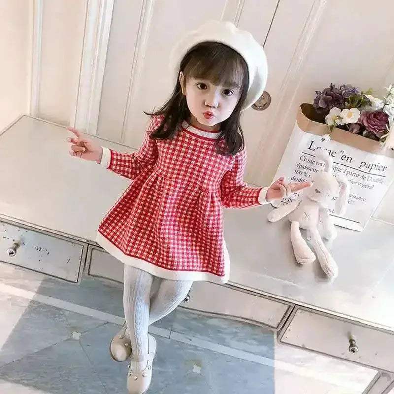 Girls Woolen Checkered Dress With Color Block Warmth - ToylandEU