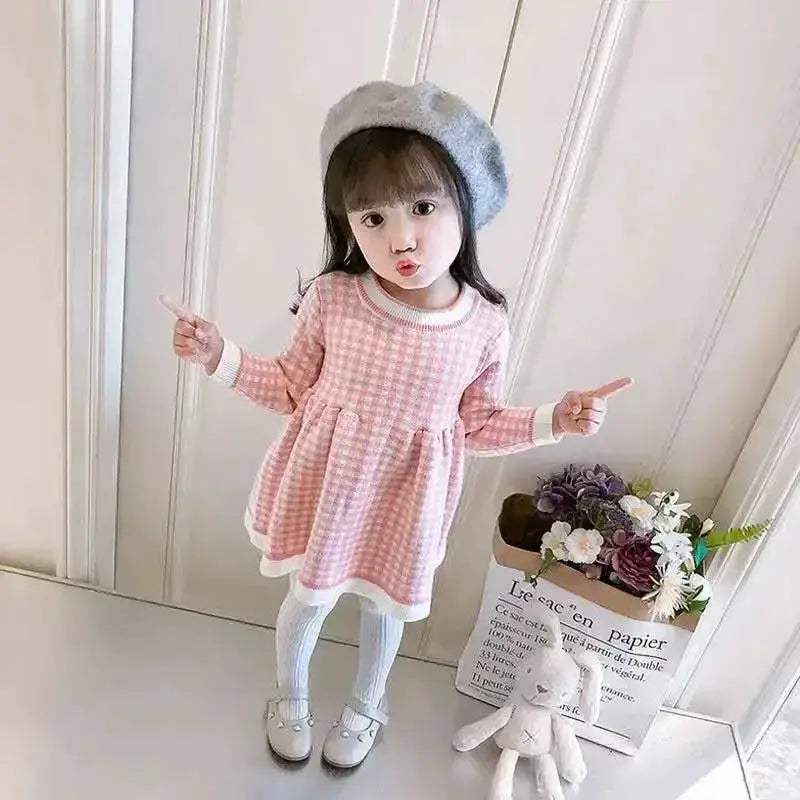 Girls Woolen Checkered Dress With Color Block Warmth - ToylandEU