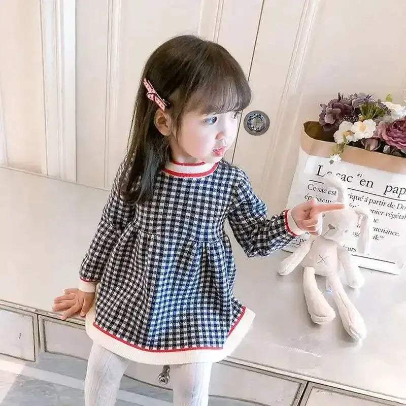 Girls Woolen Checkered Dress With Color Block Warmth - ToylandEU