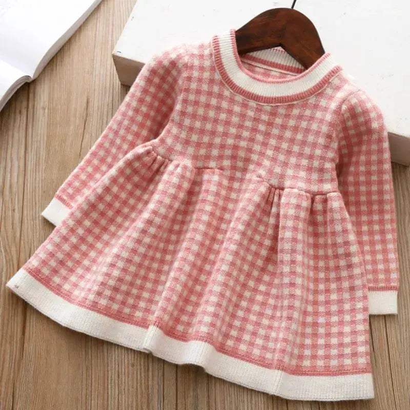 Girls Woolen Checkered Dress With Color Block Warmth - ToylandEU