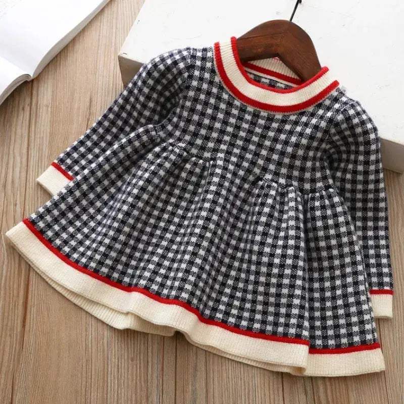 Girls Woolen Checkered Dress With Color Block Warmth - ToylandEU