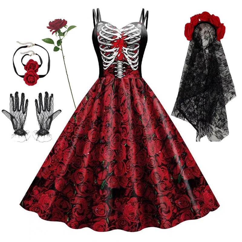 Gothic Dress Black Rose Skull Costume For Women Halloween - ToylandEU