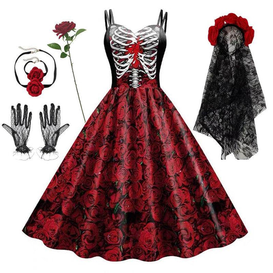 Gothic Dress Black Rose Skull Costume For Women Halloween - ToylandEU