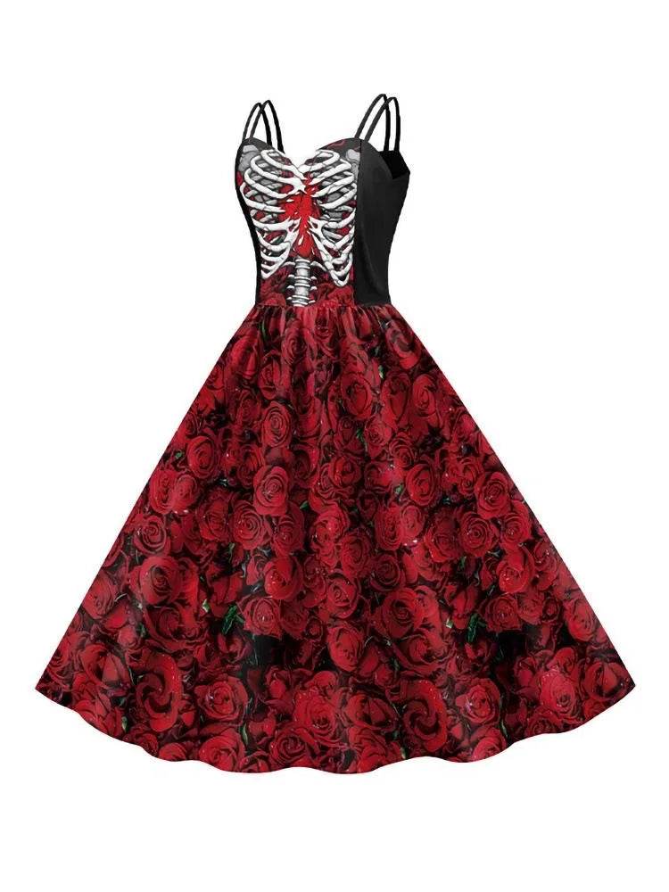 Gothic Dress Black Rose Skull Costume For Women Halloween - ToylandEU