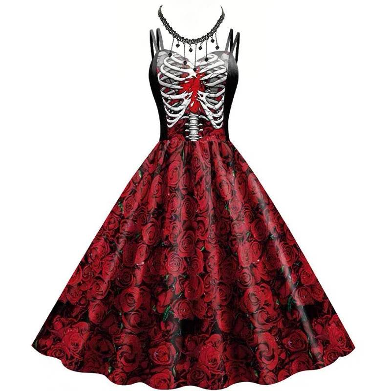 Gothic Dress Black Rose Skull Costume For Women Halloween - ToylandEU