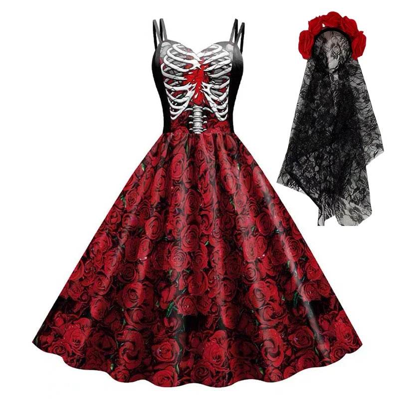Gothic Dress Black Rose Skull Costume For Women Halloween - ToylandEU
