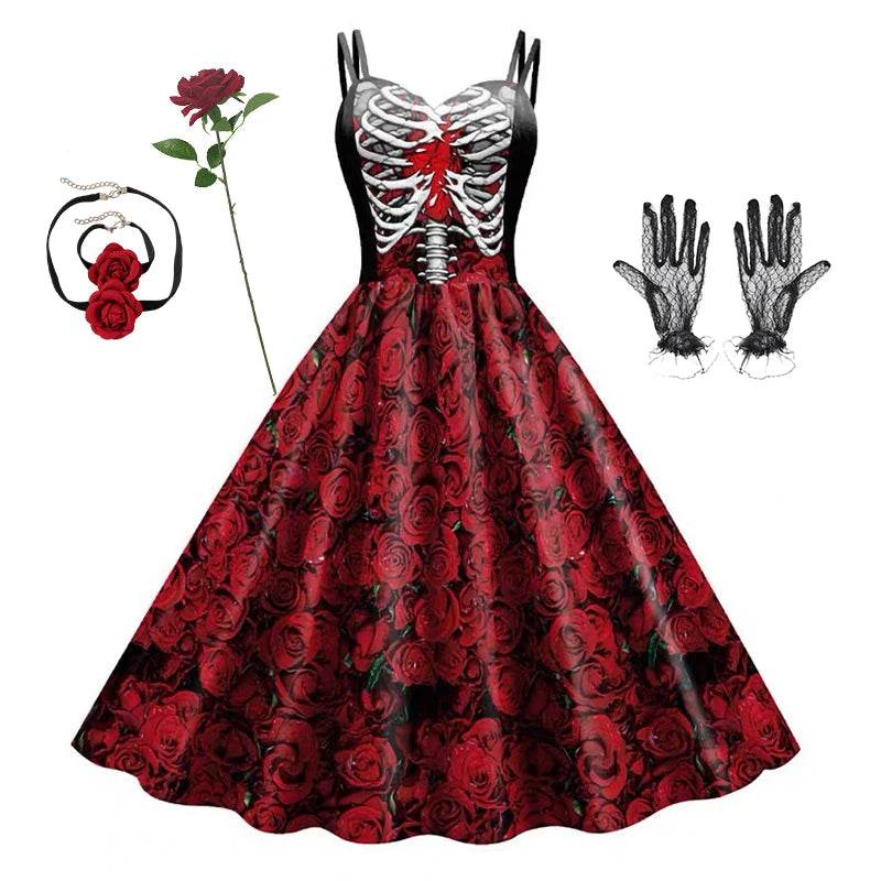 Gothic Dress Black Rose Skull Costume For Women Halloween - ToylandEU
