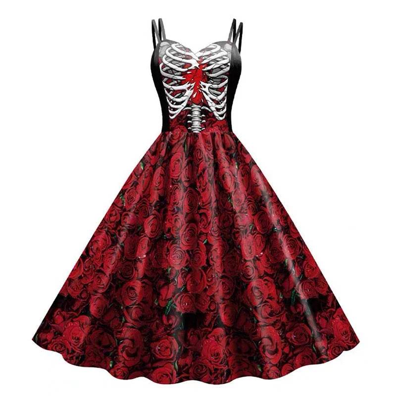 Gothic Dress Black Rose Skull Costume For Women Halloween - ToylandEU