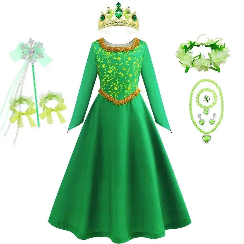 Green Princess Dress For Girls With Long Sleeve Halloween Costume - ToylandEU