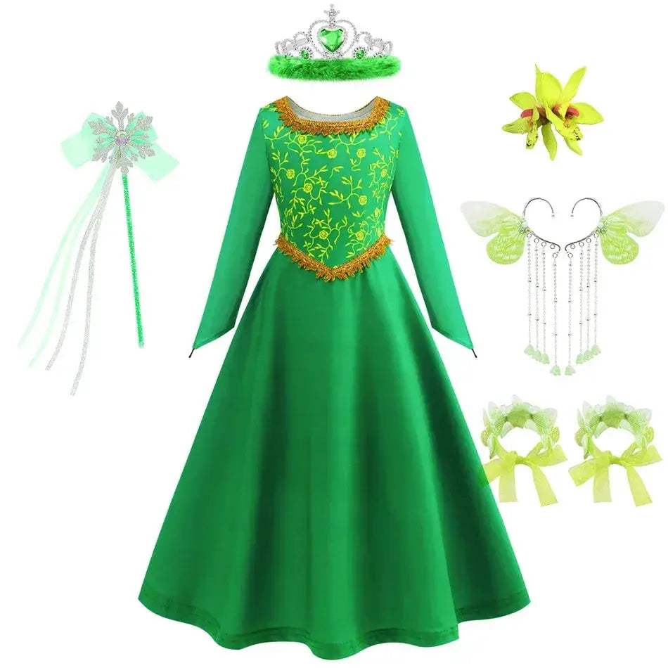 Green Princess Dress For Girls With Long Sleeve Halloween Costume - ToylandEU